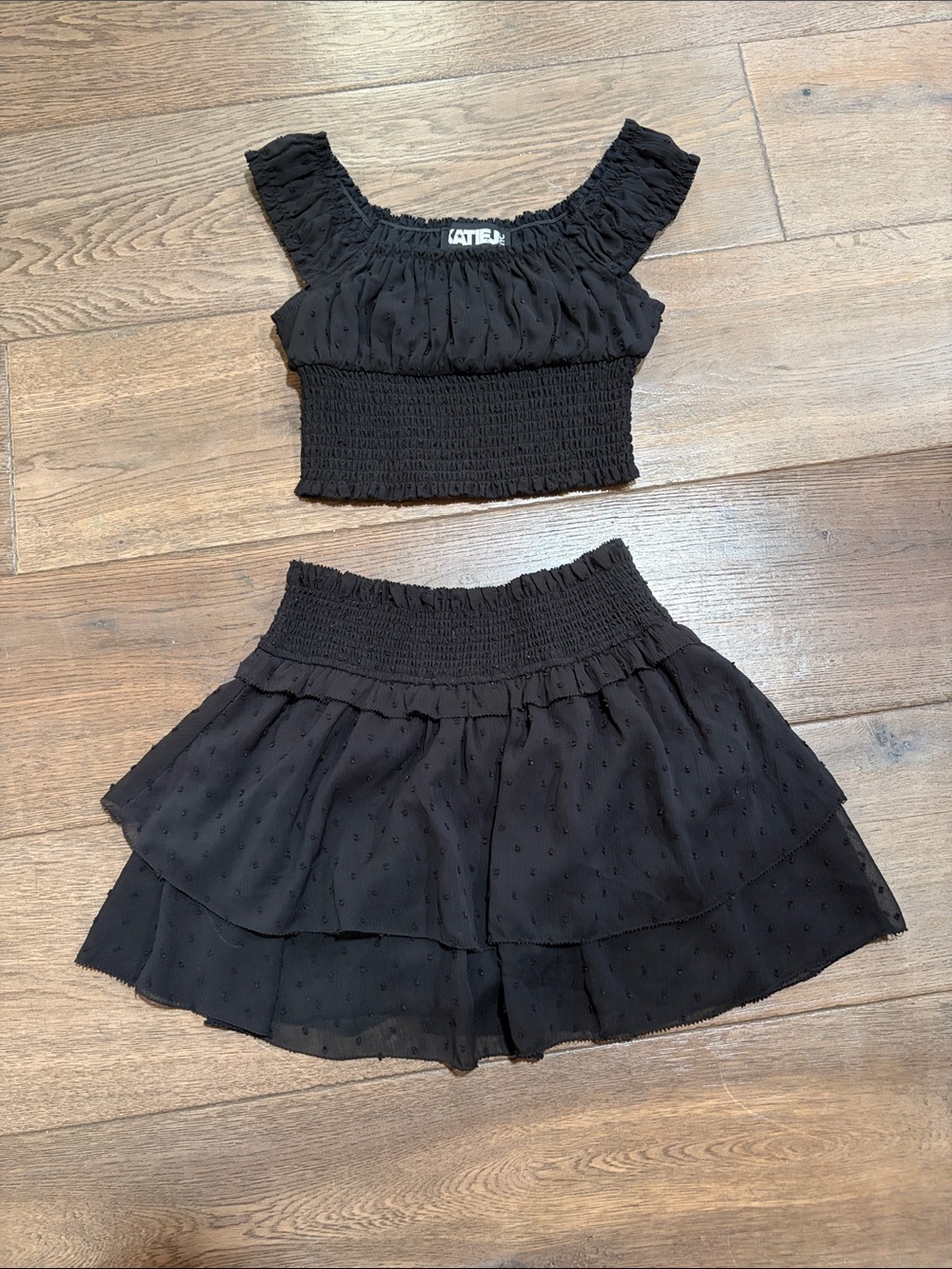 Katie J NYC Tween/Junior Cotton Two-Piece Black Smocked Crop Top & Skirt Set